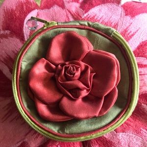 Raw silk “Jazzd” lime green round jewelry bag w/rose on top ! BoHo chic elegant